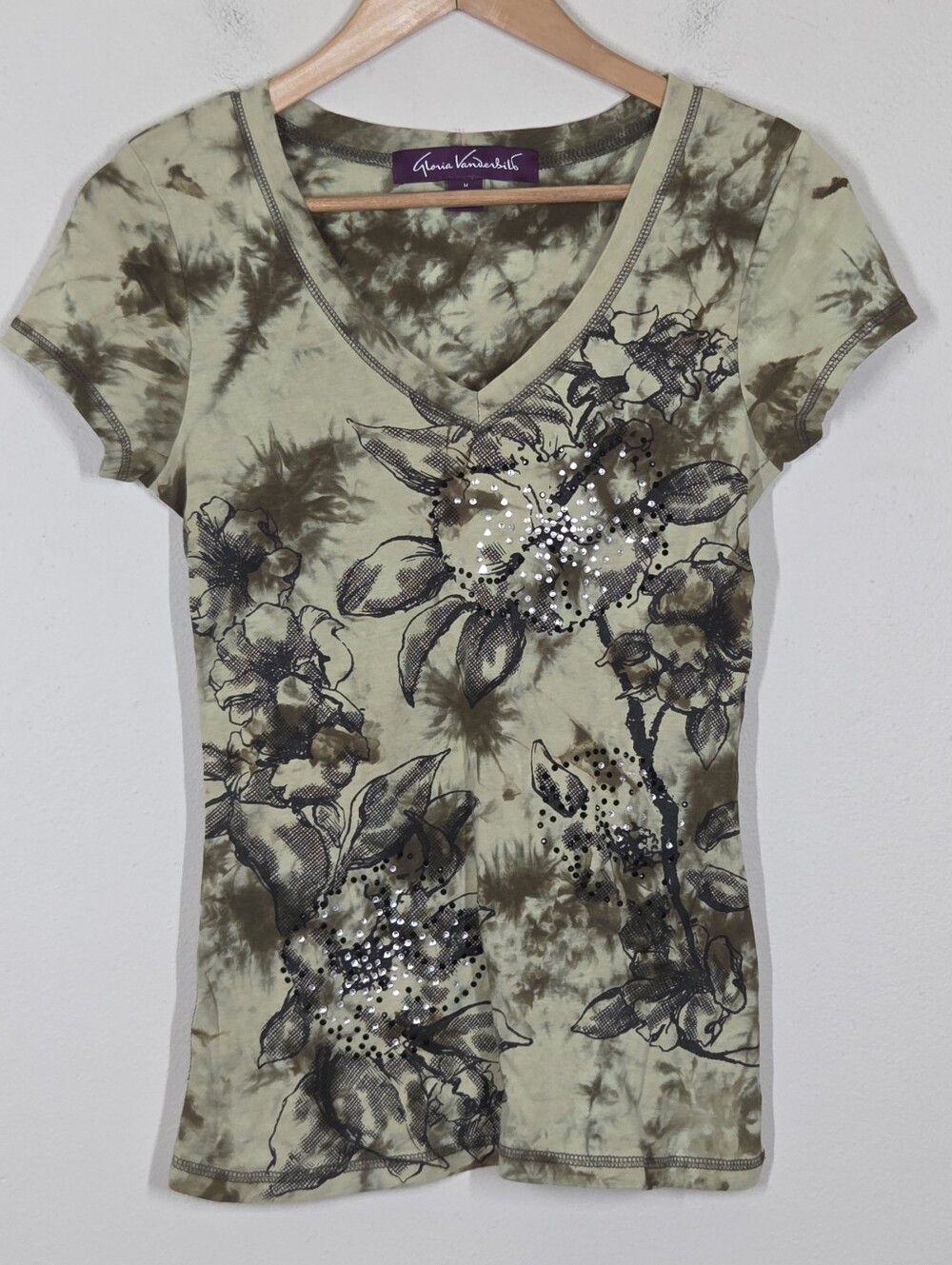 Vtg Y2K Green Tie Dye Floral Embellished Rhinestone Shirt M Fairy Forest Grunge